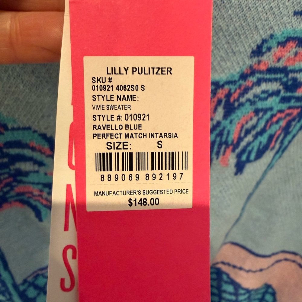 Lilly Pulitzer Ravello Blue Palm Intarsia Sweater with Pink Accents - Picture 3 of 5